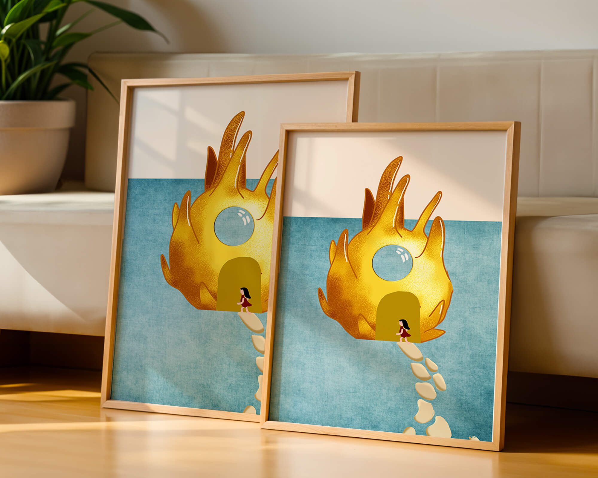 Enchanted House With Golden Flame Shape On Light Blue Background