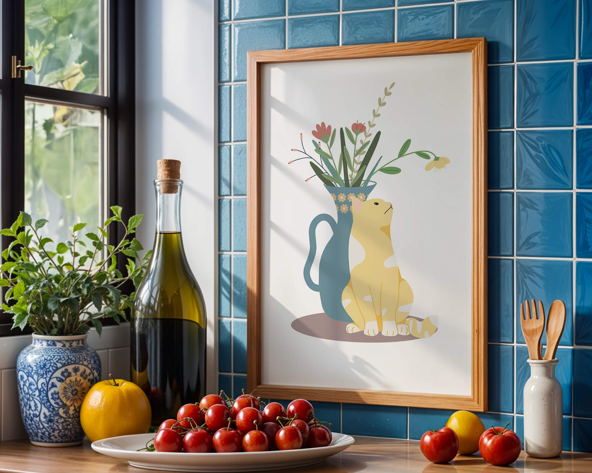 Illustration of a cat sitting beside a floral vase