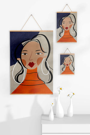 Colorful abstract portrait featuring a woman with red lips and hoop earrings on textured background - Mi tienda