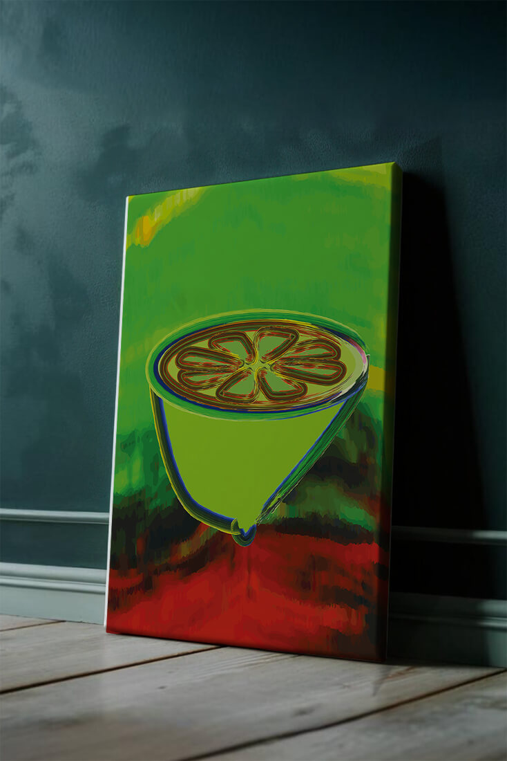 Abstract digital painting of vibrant lime on a multicolored background