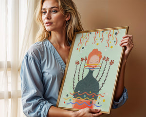 Whimsical Abstract Art of a Woman with Flowers and Streamers - Mi tienda