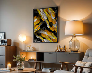 Abstract Composition with Yellow and White Feathers on a Black Background - Mi tienda
