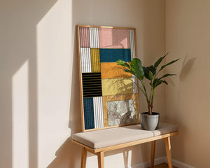 Geometric Abstract Art with Textured Blocks and Gold Accents - Mi tienda