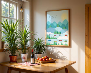 Colorful Landscape with Cars on Mountainous Road and Sunlit Sky - Mi tienda
