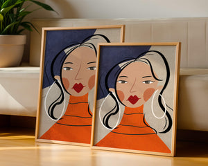Colorful abstract portrait featuring a woman with red lips and hoop earrings on textured background - Mi tienda