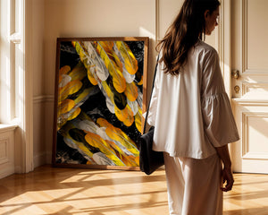 Abstract Composition with Yellow and White Feathers on a Black Background - Mi tienda