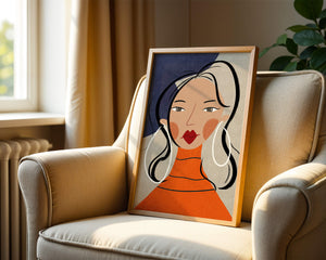 Colorful abstract portrait featuring a woman with red lips and hoop earrings on textured background - Mi tienda