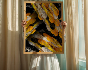 Abstract Composition with Yellow and White Feathers on a Black Background - Mi tienda