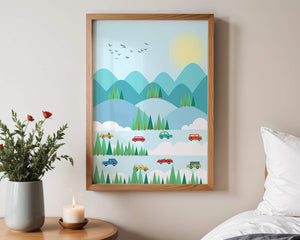 Colorful Landscape with Cars on Mountainous Road and Sunlit Sky - Mi tienda
