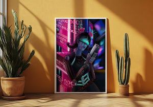 Futuristic Cyborg Woman in Digital Neon Landscape - Mi tienda