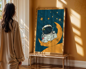 Charming Astronaut Sitting on a Crescent Moon with Stars in Space - Mi tienda
