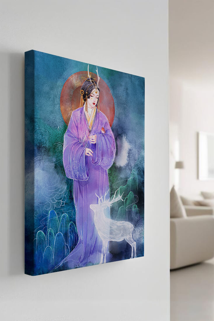 Mujer elegante con atuendo tradicional y un ciervo místico en un fondo sereno