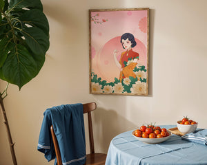 Elegant Woman in Traditional Asian Dress with Floral Background - Mi tienda