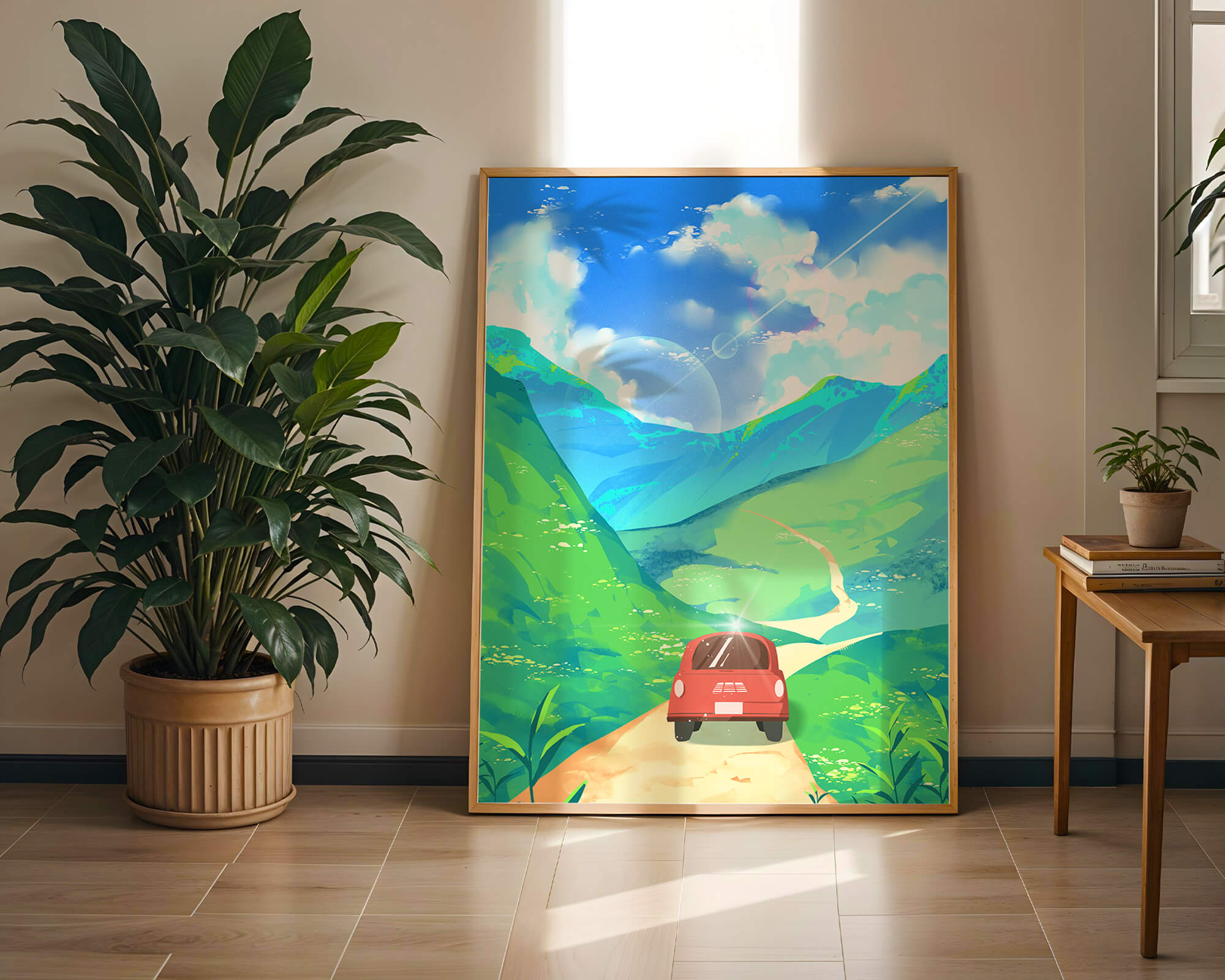 Red Car on a Scenic Road Through Green Hills Under a Vibrant Blue Sky