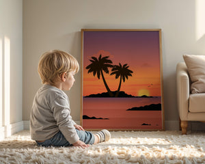 Sunset Over Tropical Island with Palm Trees and Birds - Mi tienda