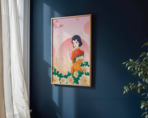 Elegant Woman in Traditional Asian Dress with Floral Background - Mi tienda