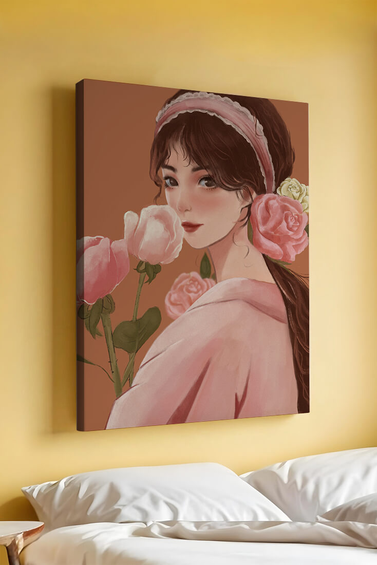 Young woman with flowers in her hair and holding a bouquet