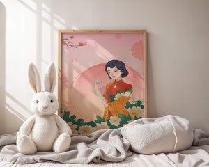 Elegant Woman in Traditional Asian Dress with Floral Background - Mi tienda