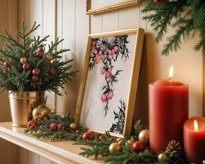 Watercolor Floral Illustration with Red Berries on Branch - Mi tienda