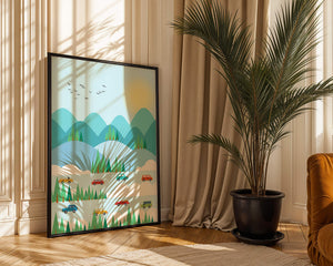 Colorful Landscape with Cars on Mountainous Road and Sunlit Sky - Mi tienda