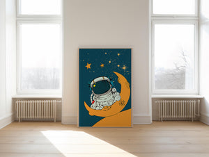 Charming Astronaut Sitting on a Crescent Moon with Stars in Space - Mi tienda