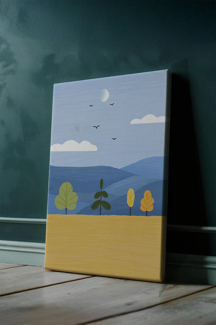 Paisaje colorido con árboles y aves en un campo sereno