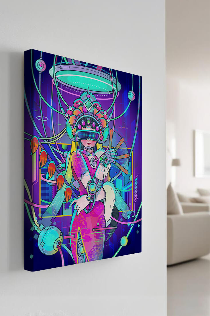 Futuristic cyberpunk geisha with virtual reality elements
