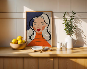 Colorful abstract portrait featuring a woman with red lips and hoop earrings on textured background - Mi tienda