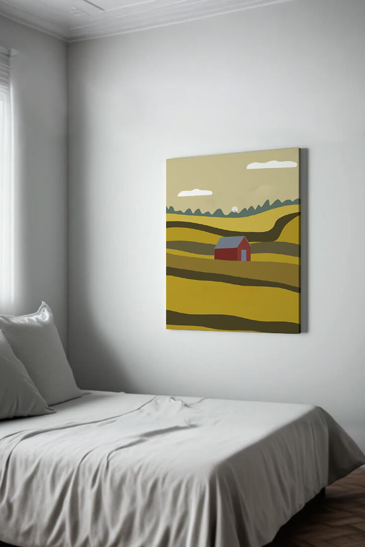 Paisaje con granero rojo entre colinas onduladas bajo un cielo azul