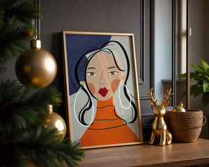 Colorful abstract portrait featuring a woman with red lips and hoop earrings on textured background - Mi tienda