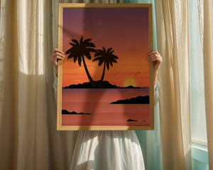 Sunset Over Tropical Island with Palm Trees and Birds - Mi tienda