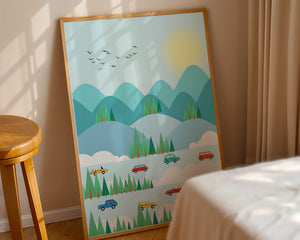 Colorful Landscape with Cars on Mountainous Road and Sunlit Sky - Mi tienda