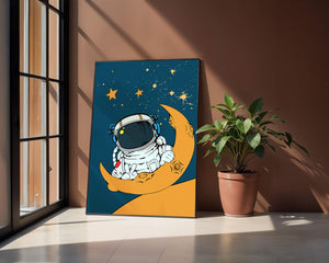 Charming Astronaut Sitting on a Crescent Moon with Stars in Space - Mi tienda