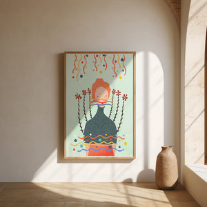 Whimsical Abstract Art of a Woman with Flowers and Streamers - Mi tienda