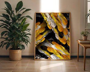 Abstract Composition with Yellow and White Feathers on a Black Background - Mi tienda