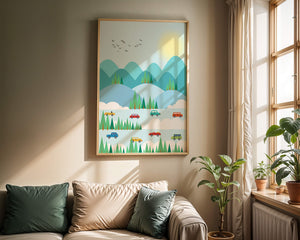 Colorful Landscape with Cars on Mountainous Road and Sunlit Sky - Mi tienda