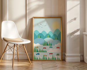 Colorful Landscape with Cars on Mountainous Road and Sunlit Sky - Mi tienda