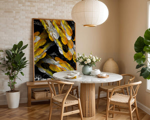 Abstract Composition with Yellow and White Feathers on a Black Background - Mi tienda