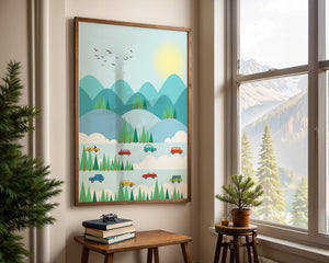 Colorful Landscape with Cars on Mountainous Road and Sunlit Sky - Mi tienda