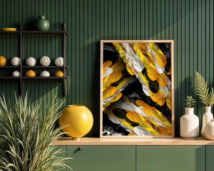 Abstract Composition with Yellow and White Feathers on a Black Background - Mi tienda
