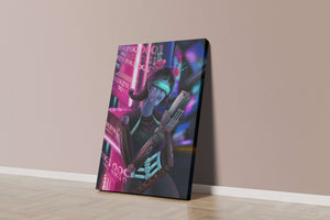 Futuristic Cyborg Woman in Digital Neon Landscape - Mi tienda