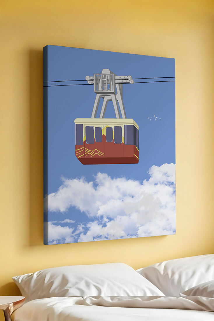Colorful cable car against a clear blue sky