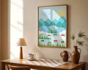 Colorful Landscape with Cars on Mountainous Road and Sunlit Sky - Mi tienda