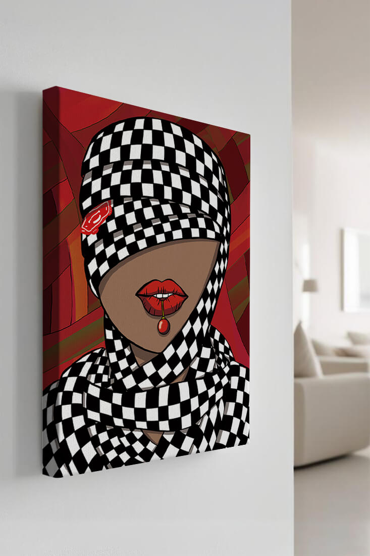 Abstract Art of Woman with Checkered Pattern and Red Lips
