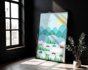 Colorful Landscape with Cars on Mountainous Road and Sunlit Sky - Mi tienda