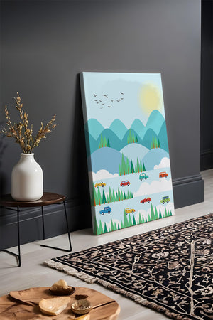 Colorful Landscape with Cars on Mountainous Road and Sunlit Sky - Mi tienda