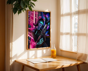 Futuristic Cyborg Woman in Digital Neon Landscape - Mi tienda