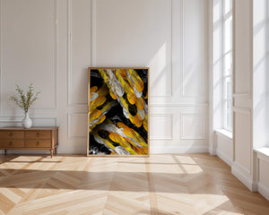 Abstract Composition with Yellow and White Feathers on a Black Background - Mi tienda