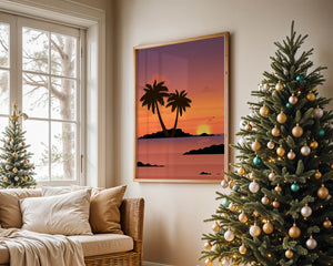 Sunset Over Tropical Island with Palm Trees and Birds - Mi tienda