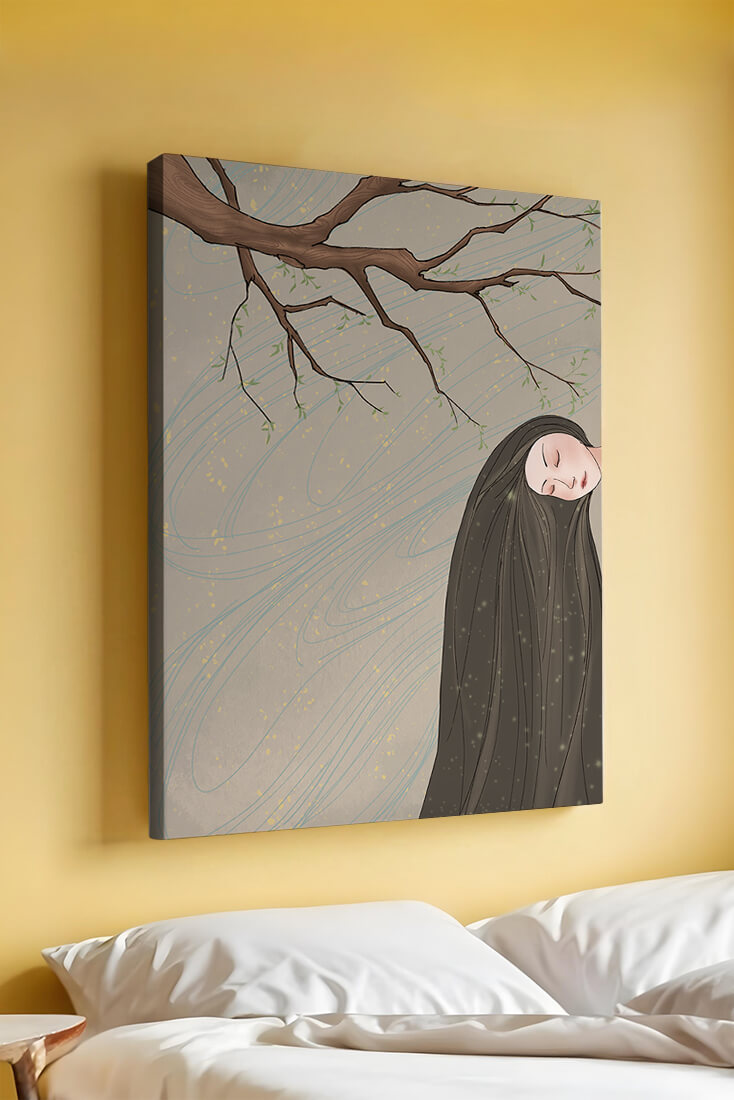 Serene illustration of a woman intertwined with nature and flowing designs